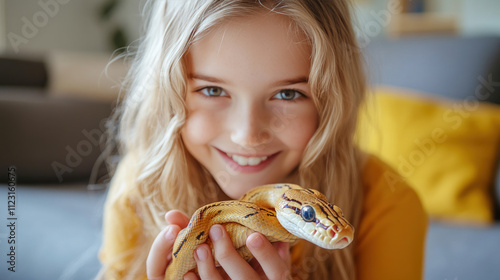 Caucasian girl playing with snake pet in living room house