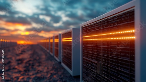 Server racks reflect the vibrant and warm hues of a setting sun across a rugged landscape, symbolizing the intersection of technology and natural beauty.