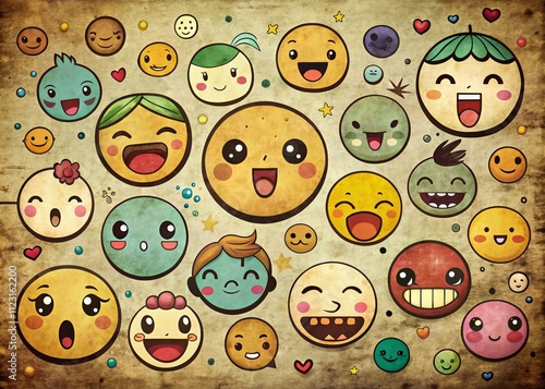 Vintage Style Doodle Emojis in Anime Aesthetic, Featuring a Large Collection of Expressive Emotions in a Playful and Whimsical Design for Creative Projects