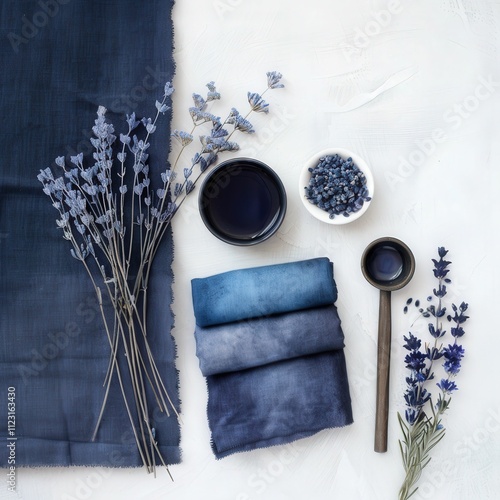 A serene arrangement of lavender, indigo-dyed fabrics, and natural dyeing materials, showcasing a calming and artistic aesthetic.