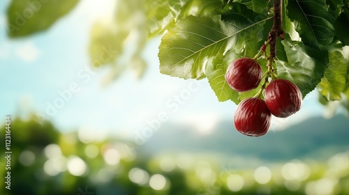 Three ripe plums hang on a tree branch, glimmering under bright sunshine, depicting a serene and elegant representation of nature’s bounty and simplicity. photo