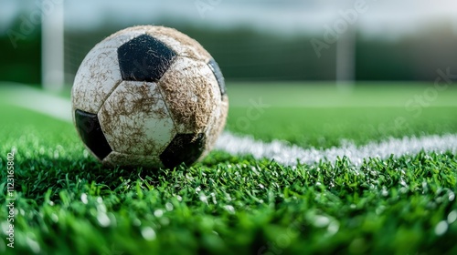 A gritty close-up of a mud-streaked soccer ball, hinting at a rough game, lies still on a vibrant green field, evoking a sense of pause before more action. photo