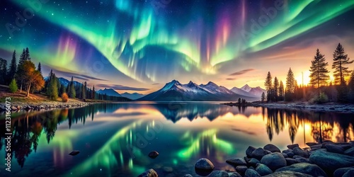 Vintage Style Photography of a Captivating Aurora Painting Blending Rich Colors and Dreamy Atmosphere, Perfect for Nature and Art Enthusiasts, Evoking a Sense of Wonder and Tranquility