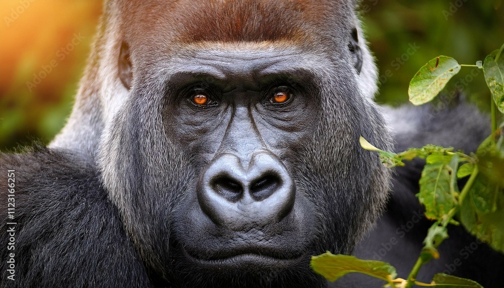 western lowland gorilla intense orange eyes close up green foliage animal portrait western lowland gorilla intense orange eyes close up green foliage animal portrait