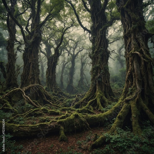 A mystical woodland with ancient, gnarled trees wrapped in vines. photo