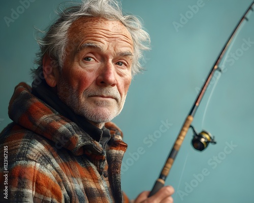 old person with a cane elderly Scandinavian man with rosy cheeks, silver hair, and a plaid shirt, holding a fishing rod, standing against a light blue background. photo