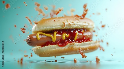 An image featuring a hot dog dressed with ketchup and mustard in mid-air, set against a vivid blue background, creating a playful and energetic vibe. photo