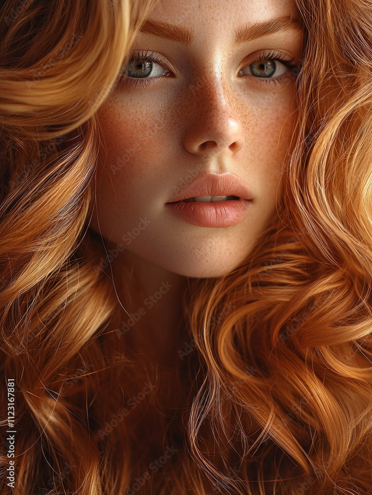 Naklejka premium A striking portrait showcasing natural beauty, featuring a woman with red hair, freckles, and captivating eyes. The soft curls and flawless skin create an enchanting and warm aesthetic.