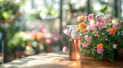 Allergy spray on a wooden table, surrounded by bright flowers in the background, showing protection from airborne allergens photo