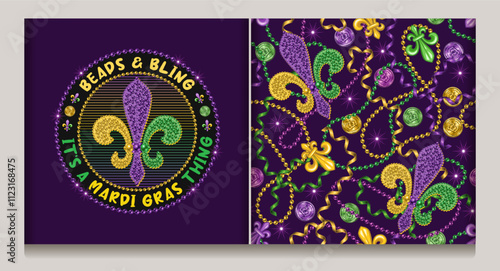 Seamless Mardi Gras pattern, label with strings of beads, streamer ribbons, coins, trinket, Fleur de Lis sign. Randomly scattered objects. Text Beads Bling Mardi Gras thing