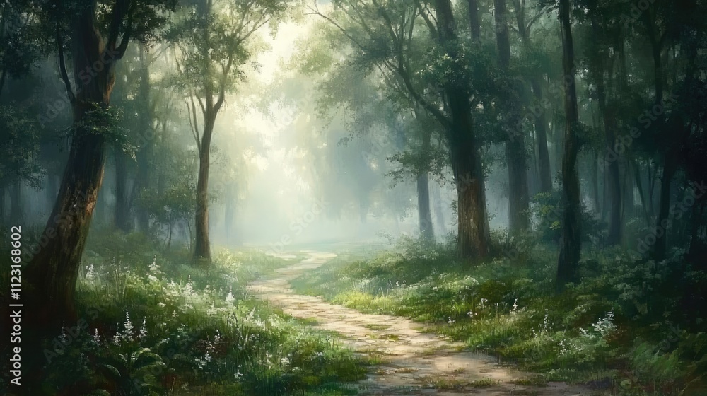 Fototapeta premium Sunlit path winding through a mystical forest, morning mist.