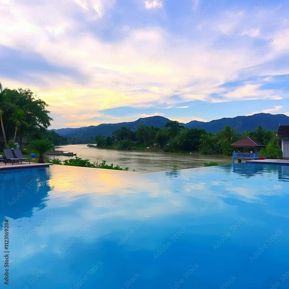 Fototapeta premium Serene riverside retreat with palm trees clear blue sky and infinity pool reflection