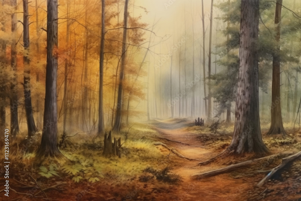 Obraz premium foggy autumn pine forest and a wet path through it after the rain., watercolor style, 
