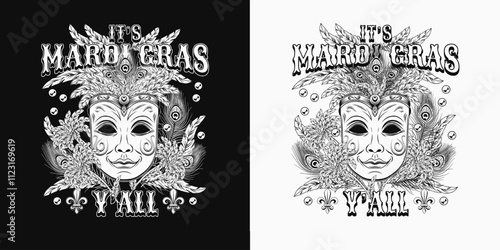 Mardi Gras monochrome label. Emblem with carnival venetian face mask with bundle of feathers, scattered beads, text. Vintage holiday composition.