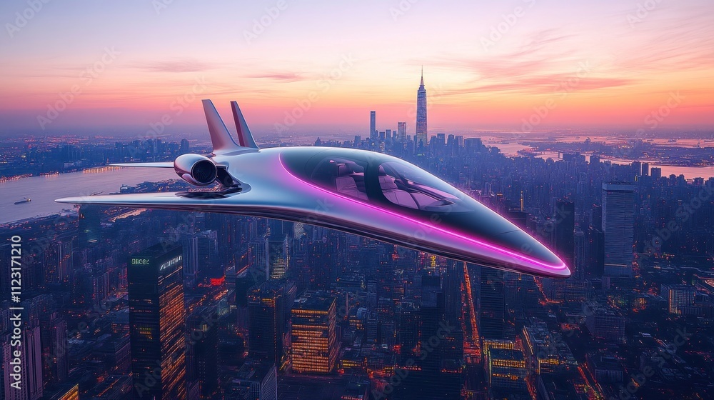 Fototapeta premium Futuristic jet plane flying over a city skyline at sunrise.