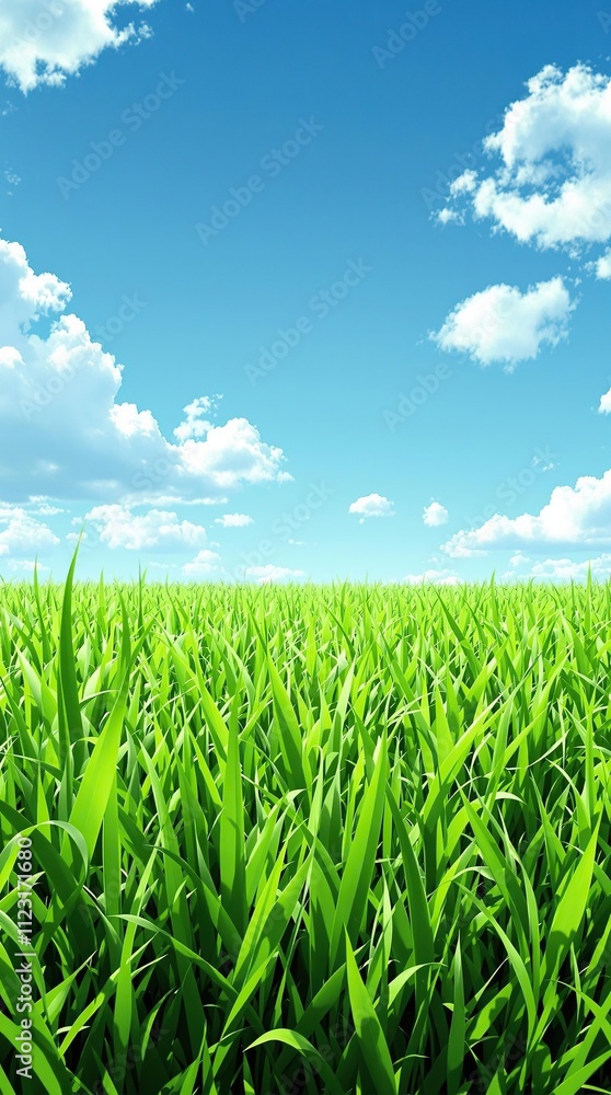 Obraz premium A close-up shot of a freshly cut green grass field with a few blades swaying gently in the breeze, set against a bright blue sky with puffy white clouds, natural surroundings, sports equipment.