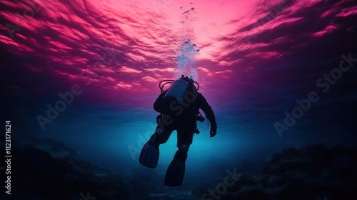 Diver Swimming Underwater in Vibrant Pink and Blue Ocean Scene with Bubbles and Marine Life Surrounding photo