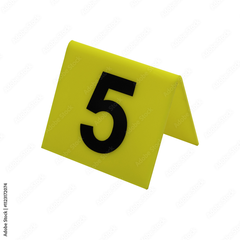 Crime scene investigation. Set of evidence identification markers on white background. Crime scene investigation. Yellow marker number 5 for identification of evidence on white background.