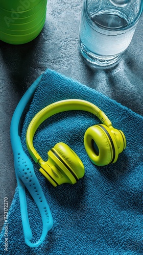  Sporty earphones with vibrant neon green ear hooks, lying on gym towel next to water bottle and fitness tracker, ready for an active workout session. photo