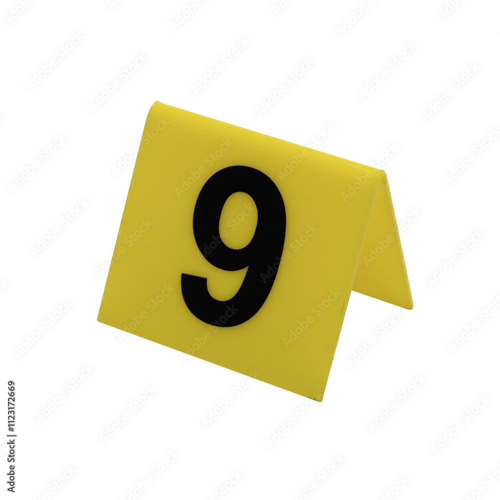 Crime scene investigation. Set of evidence identification markers on white background. Crime scene investigation. Yellow marker number 9 for identification of evidence on white background.