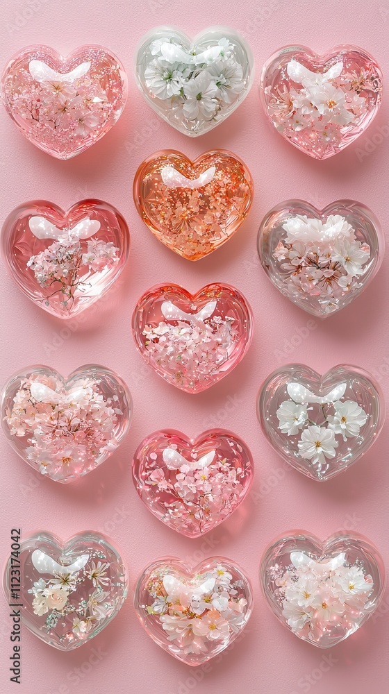 Fototapeta premium Valentine's Heart-Shaped Resin Ornaments Showcase Creative Display Home Decor Romantic Setting Aesthetic Viewpoint