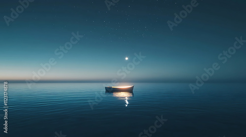 serene boat floating on calm ocean under starry night sky. tranquil scene evokes peace and reflection photo