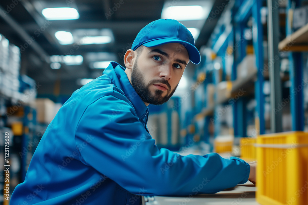 Blue-uniformed worker leaning on a broom, looking melancholic. Natural light. Industrial workspace background with copy space. Blue-uniformed worker leaning on a broom, looking melancholic. Natural light. Industrial workspace background with copy space.