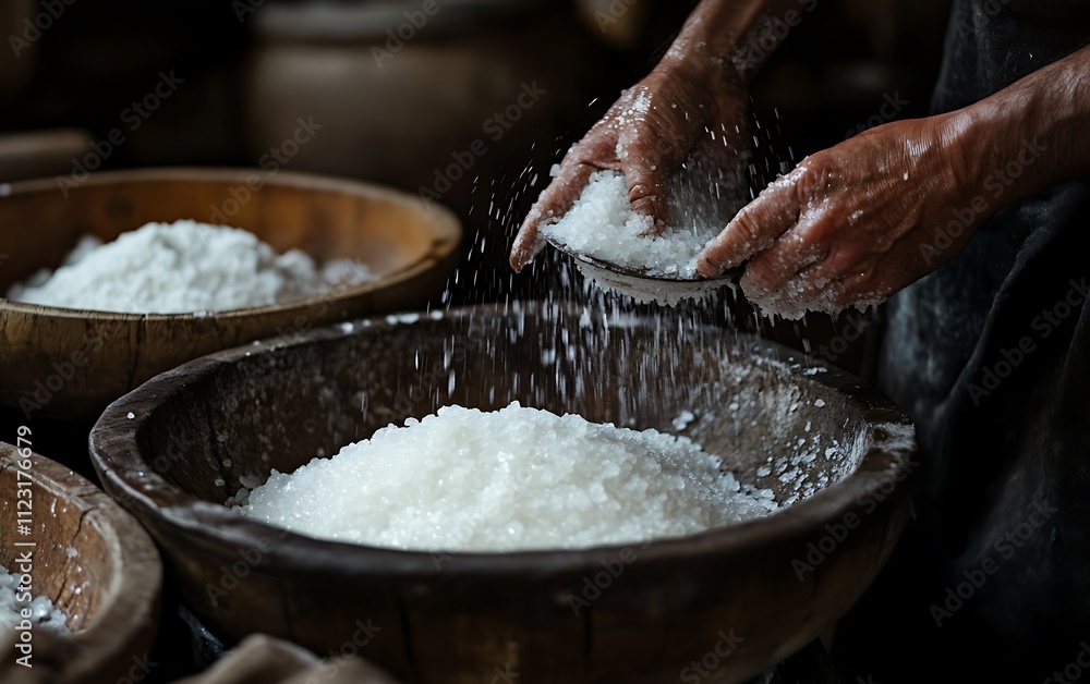 A person's hands are pouring salt into a wooden bowl. There are two other bowls with salt in the background. A person's hands are pouring salt into a wooden bowl. There are two other bowls with salt in the background.