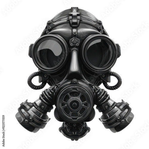 A detailed black gas mask design showcasing intricate features and dual filters, isolated on a white background, ideal for various applications. photo