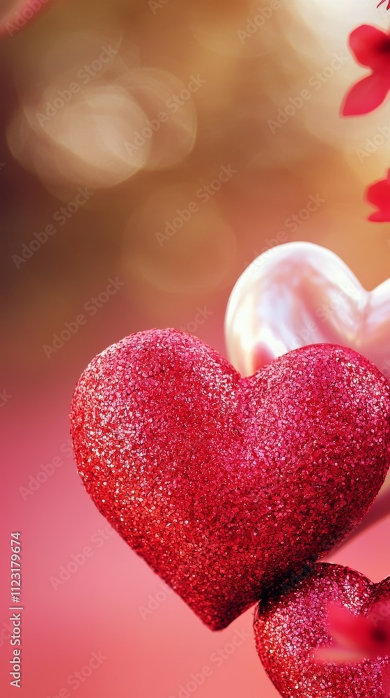 Obraz premium Valentine's Day Celebration with Sparkling Red and White Hearts Romantic Atmosphere Decorative Elements Heartfelt Festivity Close-up View Love Concept