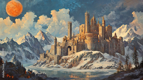 Beautiful winter landscape with dramatic castle style architecture.