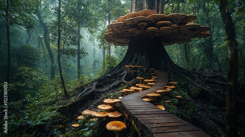 Enchanting Forest Scene with Large Mushrooms and a Wooden Pathway photo