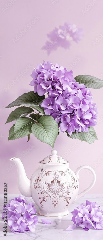 Obraz premium Artistic rendering of purple hydrangeas in a ceramic teapot, purple, isolated, artistic, white background, rendering