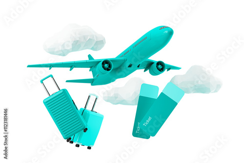 Airplane, suitcases, and boarding tickets with geometric clouds, isolated on white background, concept of travel and booking service. 3D Rendering. photo