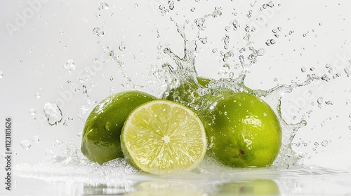 Refreshing Limes Splashing in Water: A vibrant image of juicy limes submerged in a refreshing water splash, capturing the essence of zest and hydration.