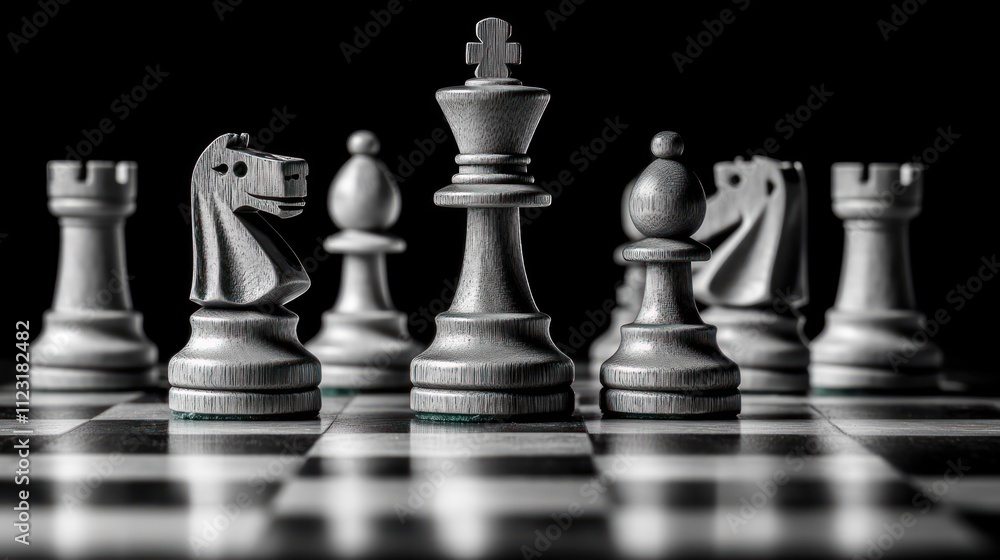Chess Game Strategy: Black and White Pieces on a Board Chess Game Strategy: Black and White Pieces on a Board