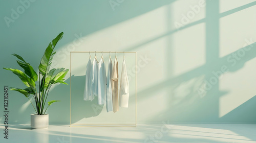 Minimalist clothing rack with a clean and simple design, featuring neatly hung pastel-colored garments photo