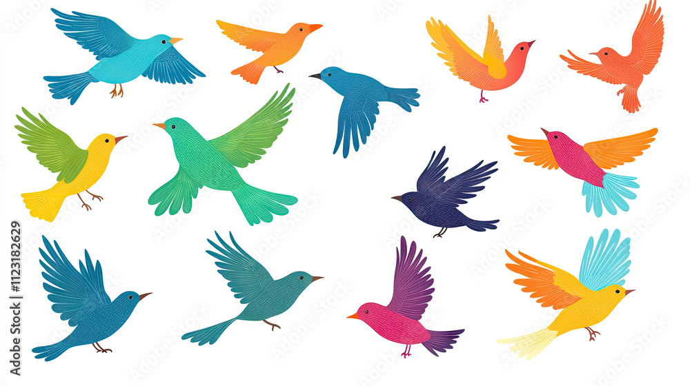 Fototapeta premium A set of colorful flying birds in vector style on a white background, with a flat design