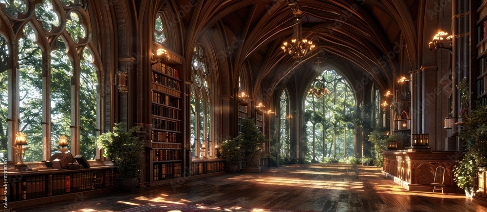 Fototapeta premium Mesmerizing interior of a grand library located within the walls of a magnificent medieval castle featuring ornate gothic architecture towering bookshelves glowing chandeliers and a cozy