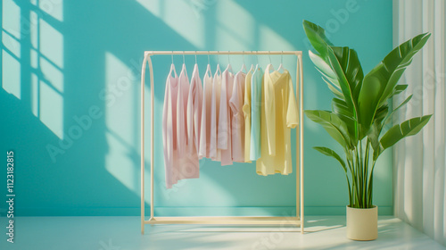 Minimalist clothing rack with a clean and simple design, featuring neatly hung pastel-colored garments photo