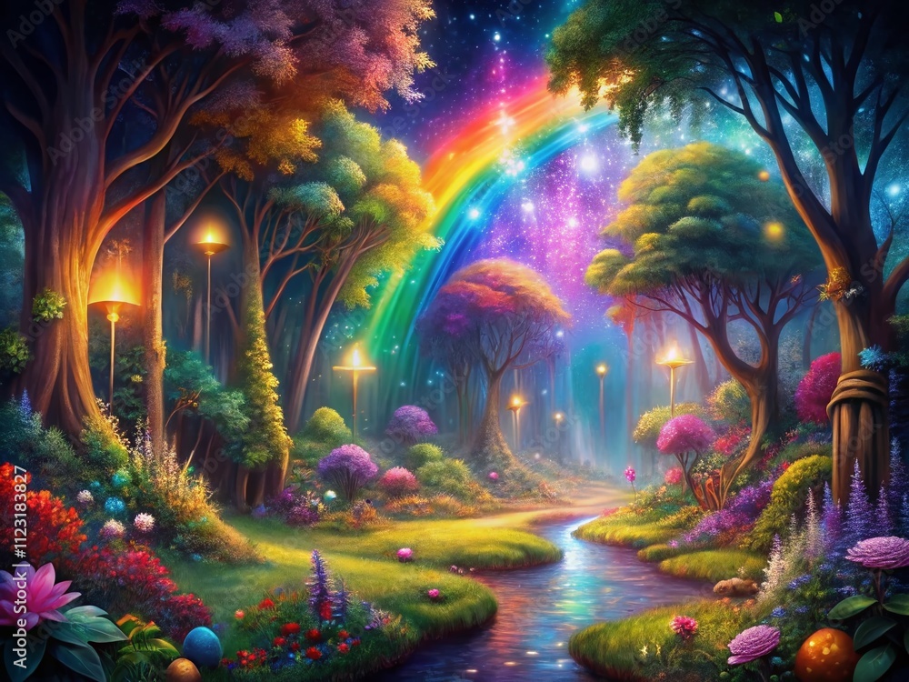Fototapeta premium Whimsical LGBTQ Forest Illustration with Long Exposure Effects Capturing Vibrant Colors and Magical Atmosphere in a Dreamlike Setting Surrounded by Enchanted Nature Elements