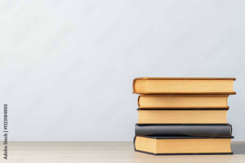 Books stacked neatly on a wooden surface minimalist home office decor modern aesthetic calm environment top view perspective