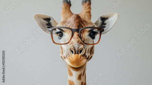 Portrait of a giraffe wearing stylish eyeglasses, looking serious and focused against a clean white background photo