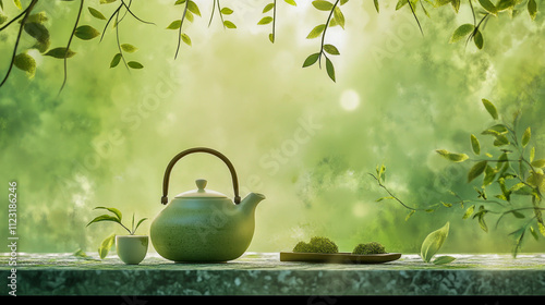 Promotional design for matcha tea, showcasing a traditional teapot with an elegant green tea theme photo