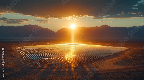 peak energy  solar storage.  A breathtaking sunset illuminates a vast solar farm, highlighting rows of solar panels set against mountainous terrain.