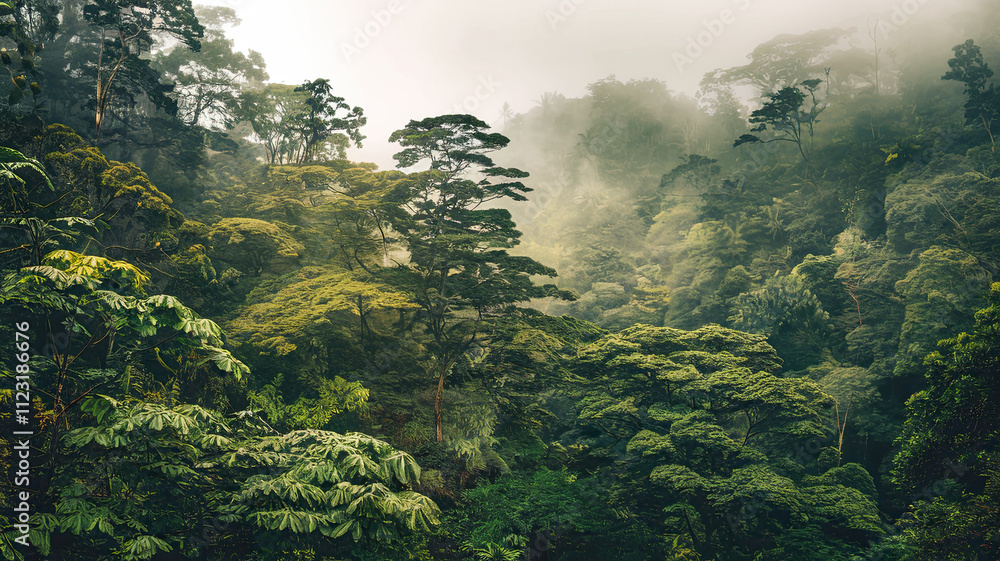 Fototapeta premium Dense Lush Tropical Rainforest with Tall Trees and Broad Leaves, Intertwining Canopies Forming Thick Green Cover, Misty Aura and Soft Diffused Light, Verdant Foliage in Hilly Mountainous Terrain