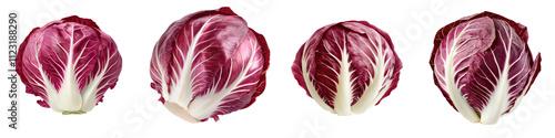 Detailed closeup shot of a fresh  crisp radicchio vegetable head displaying its vibrant reddish purple leaves and distinctive textural patterns  This image showcases the rich color  organic shape photo