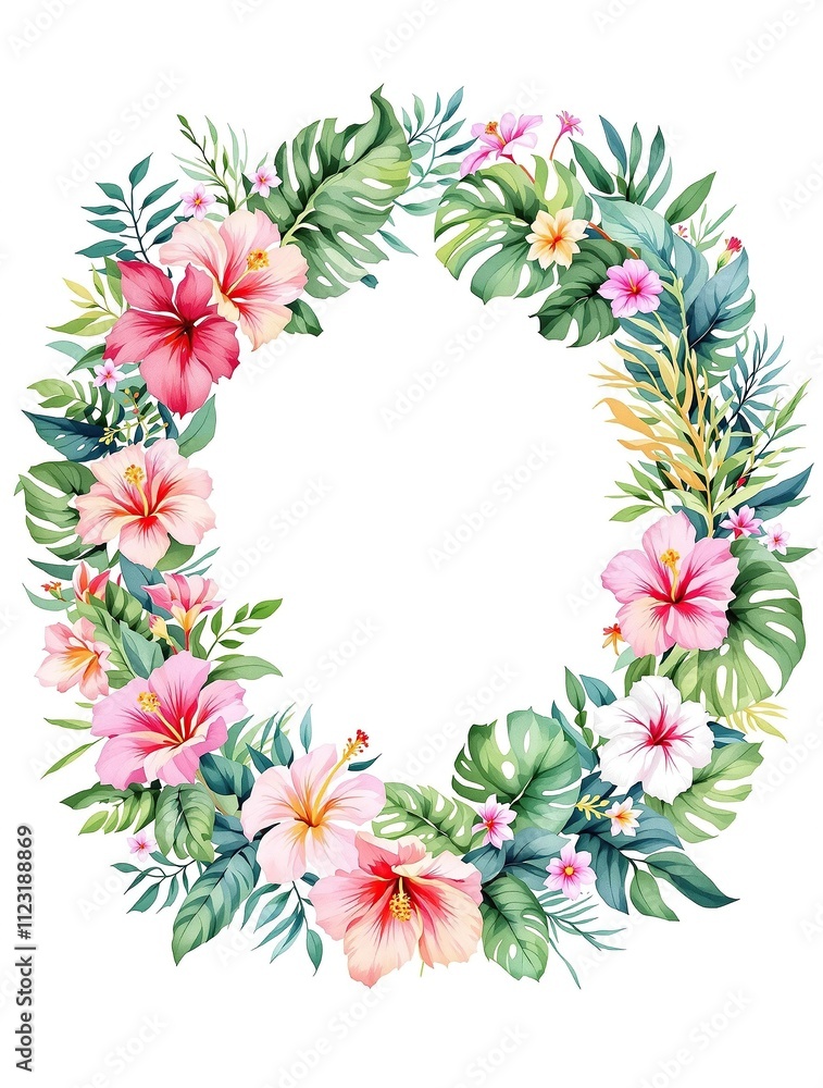 Obraz premium Beautiful watercolor wreath illustration of tropical foliage and colorful floral elements, colorful, tropical, wreath, isolated, floral