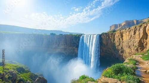 Majestic Waterfall Cascading Through Lush Green Landscape Under Blue Sky