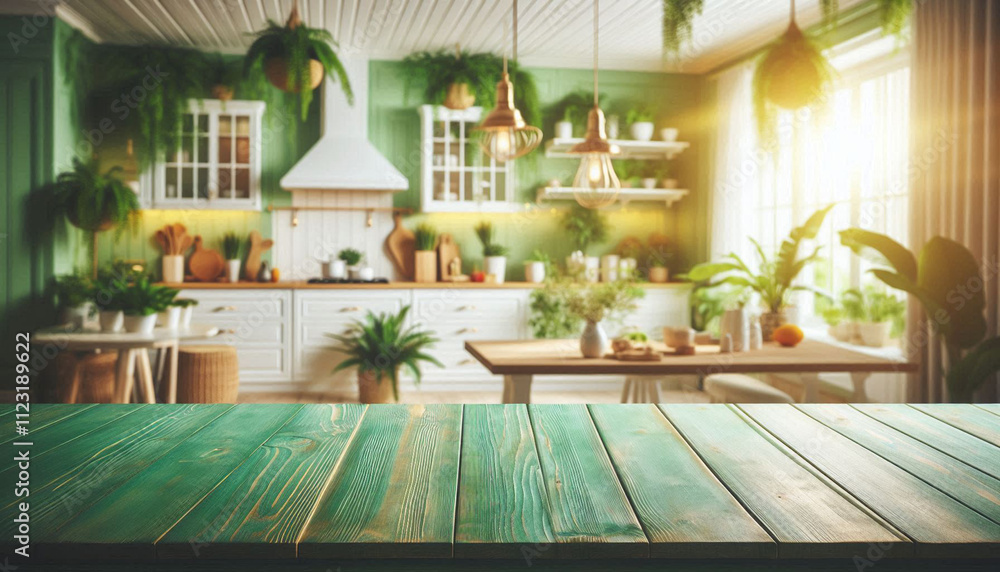 Obraz premium a table with a green table and chairs and a window with a view of the kitchen